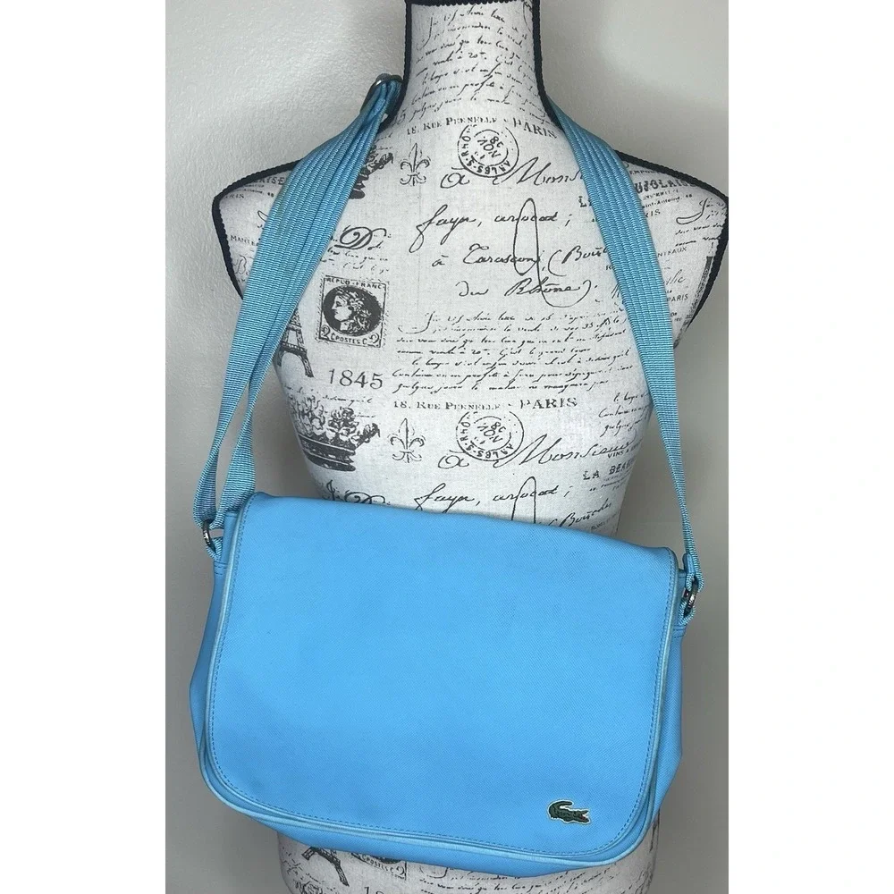 Lacoste Messenger Bag Sky Blue PVC New Classic 40 Retro Stripes *Needs Cleaning*